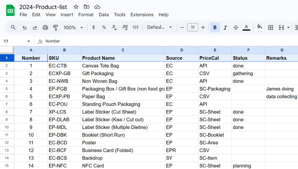 Example of product listing in an excel file